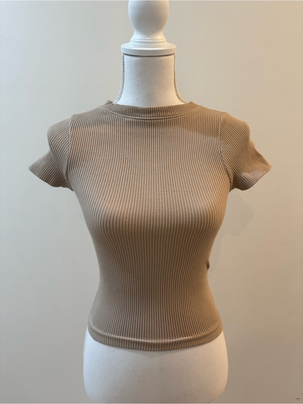 Ribbed Seamless Short Sleeve Crewneck Top - Camel